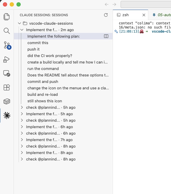 Claude Sessions Explorer - Session list view in VS Code sidebar