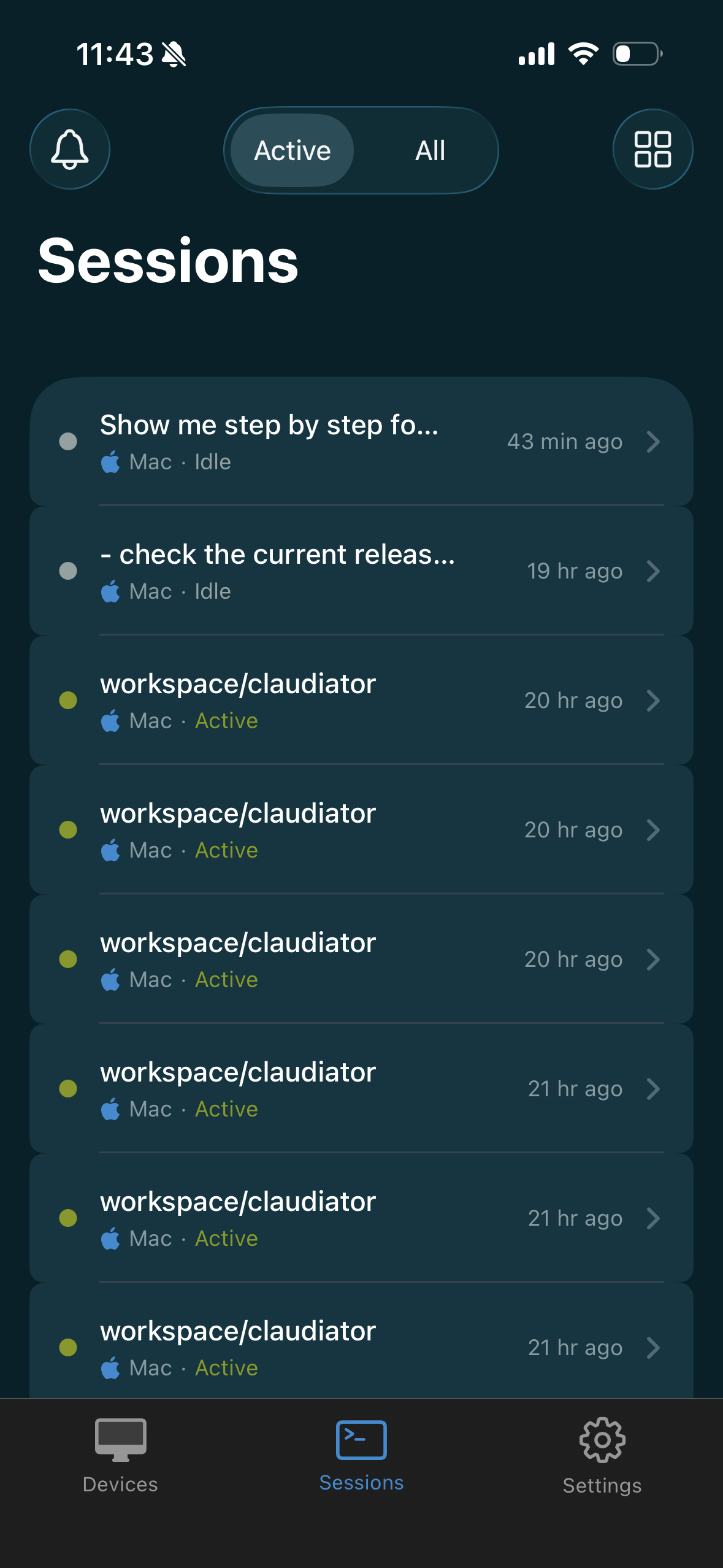 Claudiator iOS app - Sessions view showing aggregated Claude Code sessions
