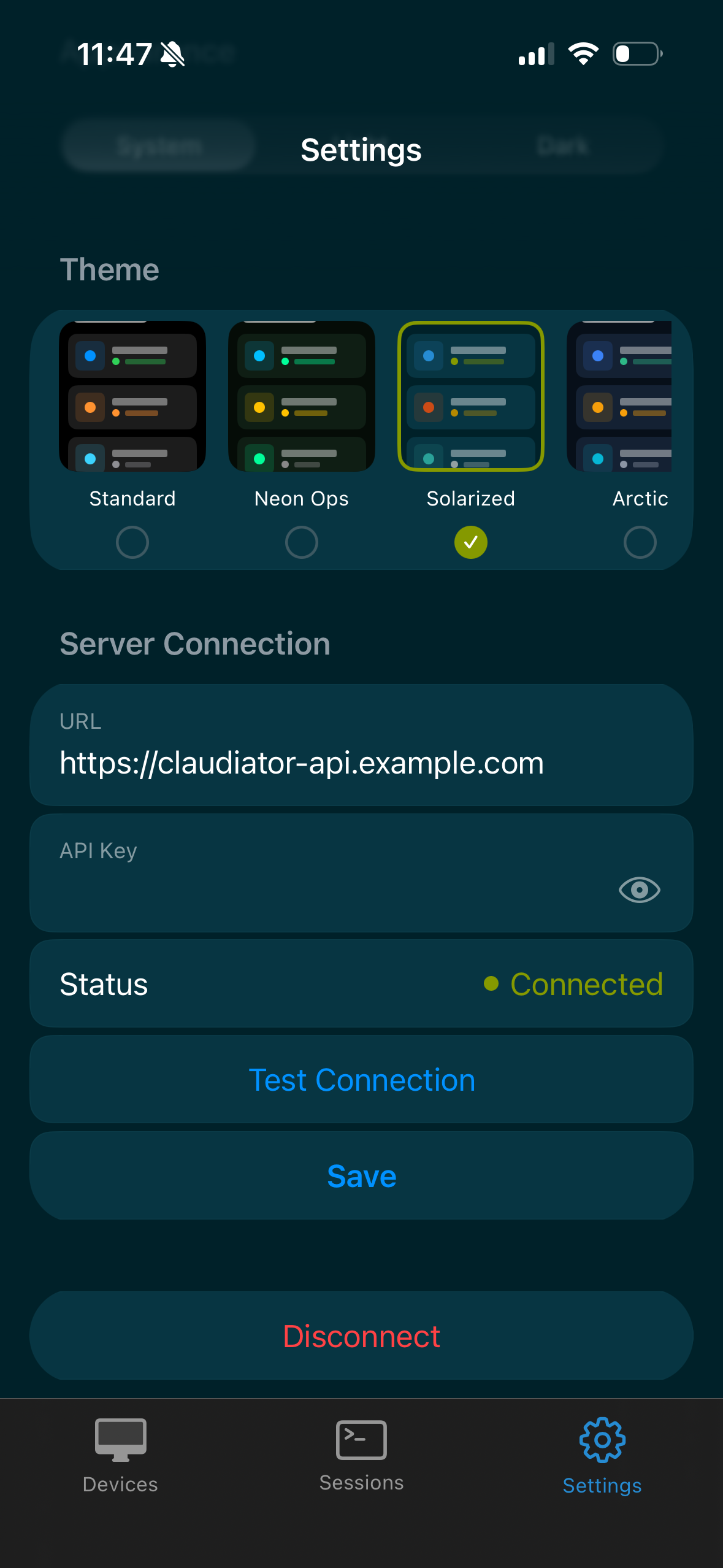 Claudiator iOS app - Settings view with theme customization options