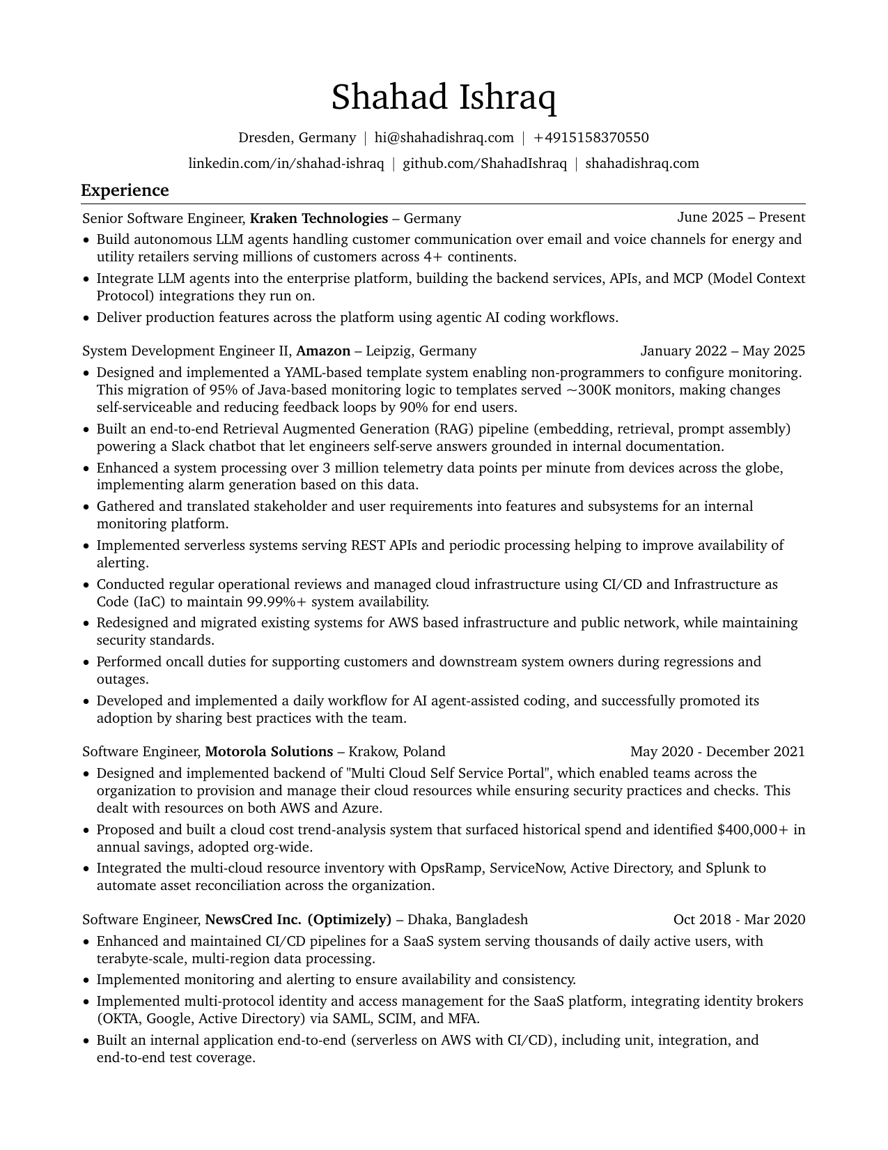 Resume of Shahad Ishraq, page 1